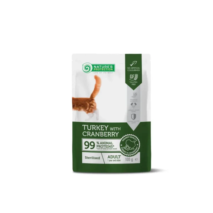 NATURES PROTECTION Sterilised, индейка и клюква, саше однобелковый влажный корм для стерилизованных кошек, (в соусе), 100 г: цены и характеристики