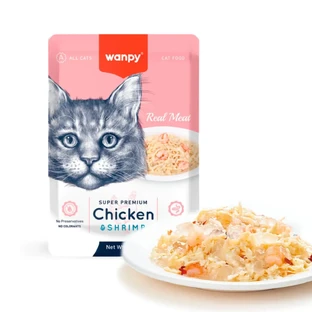 WANPY, Курица и креветки, влажный корм для кошек, пакетик, (в аспираторе), 85 г