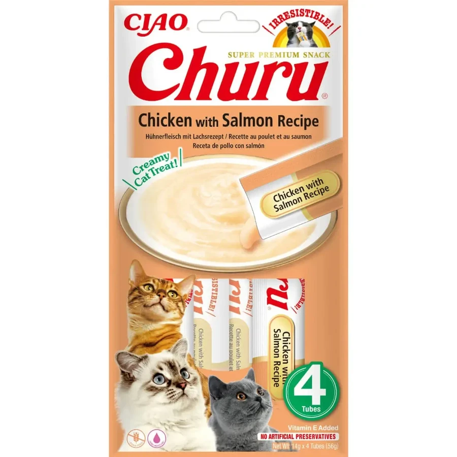 INABA Churu, Курица и Лосось, саше, беззерновая награда для кошек, (пюре), 56г: цены и характеристики
