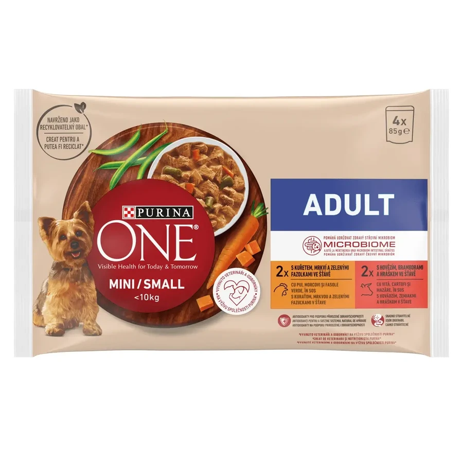 PURINA One Mini Adult, 2 смаки, вологий корм для собак у мультипакетах (у соусі), 85 г х 4 х 4: ціни та характеристики