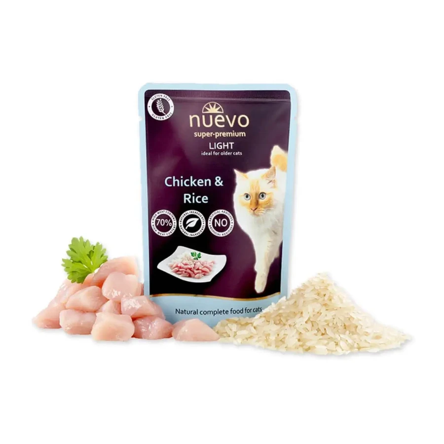 NUEVO Light, Курка з рисом, вологий корм у пакетиках для котів, ожиріння, (паштет), 85г: ціни та характеристики