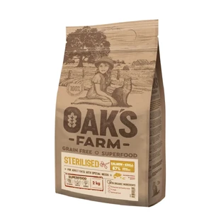 OAK'S FARM Sterilised, лосось, сухий, беззерновий корм для стерилізованих котів, ожиріння, 400г