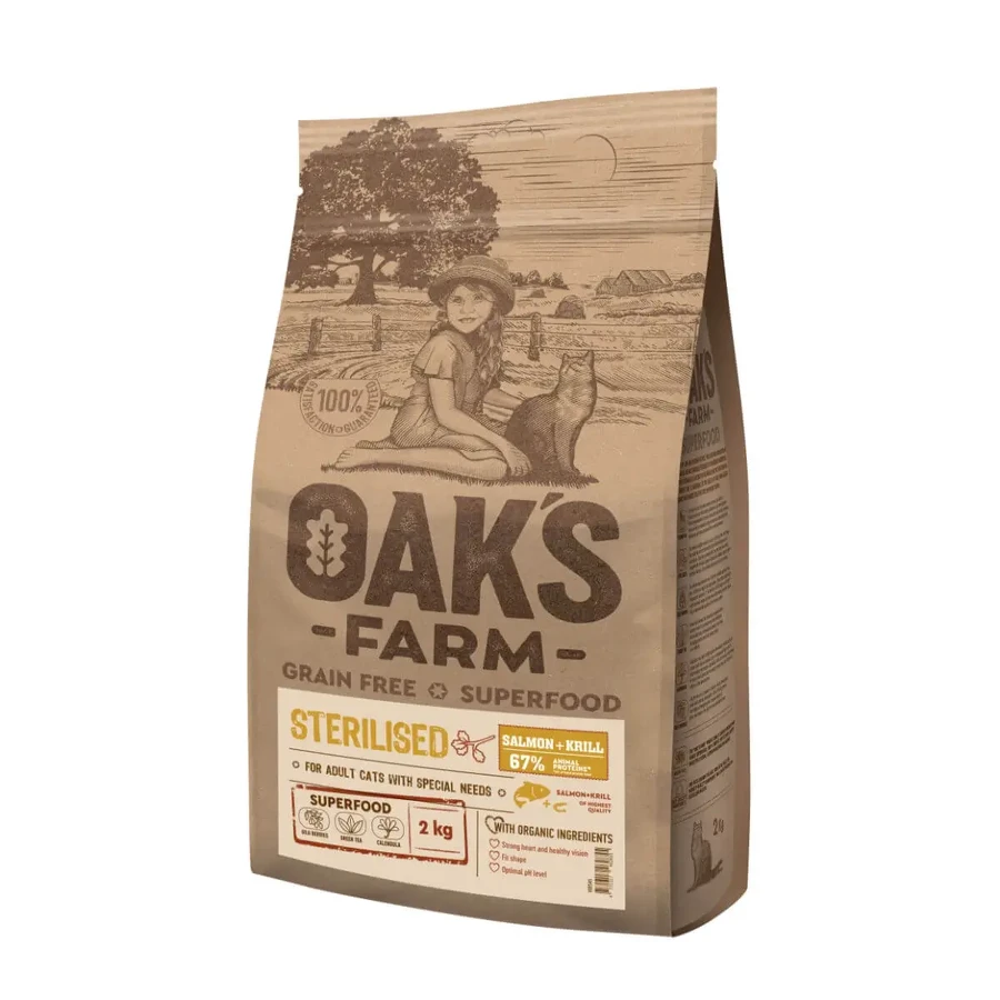 OAK'S FARM Sterilised, лосось, сухий, беззерновий корм для стерилізованих котів, ожиріння, 400г: ціни та характеристики