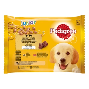 PEDIGREE Junior Mixed Selection, XS-XL, м'ясо та рис, вологий корм у пакетиках для собак молодших порід, (в аспіді), мультипакети, 100г х 4пакети