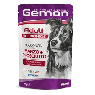 GEMON All Breeds, XS-XL, Говядина и ветчина, саше беззерновой влажный корм для собак, (в аспираторе), 100 г