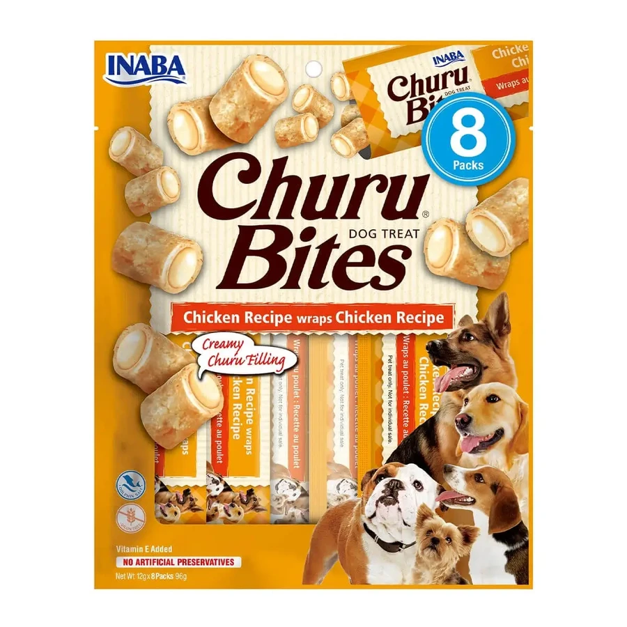 INABA Churu Bites, курячі ласощі, беззернові ласощі для собак, фаршировані шматочки, 12г х 8: ціни та характеристики