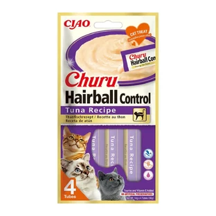 INABA Churu Churu Hairball Control, Тунець, пакетик, тюбик, беззернові ласощі для котів, контроль клубків шерсті, (пюре), 56г