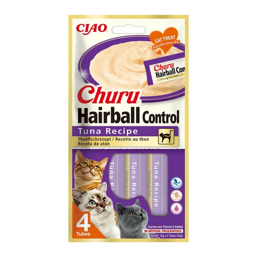 INABA Churu Churu Hairball Control, Тунець, пакетик, тюбик, беззернові ласощі для котів, контроль клубків шерсті, (пюре), 56г: ціни та характеристики
