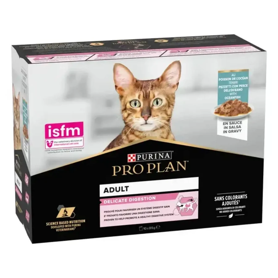 PURINA Pro Plan Delicate Digestion, Fish, саше влажный корм для кошек, пищеварительная система, (в соусе), мультипак, 85г х 10шт: цены и характеристики
