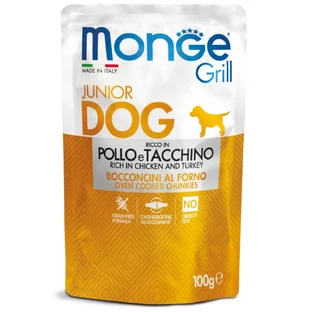 MONGE Grill Junior, XS-XL, курица и индейка, саше влажный корм для собак младших пород, (в собственном соку), 100 г
