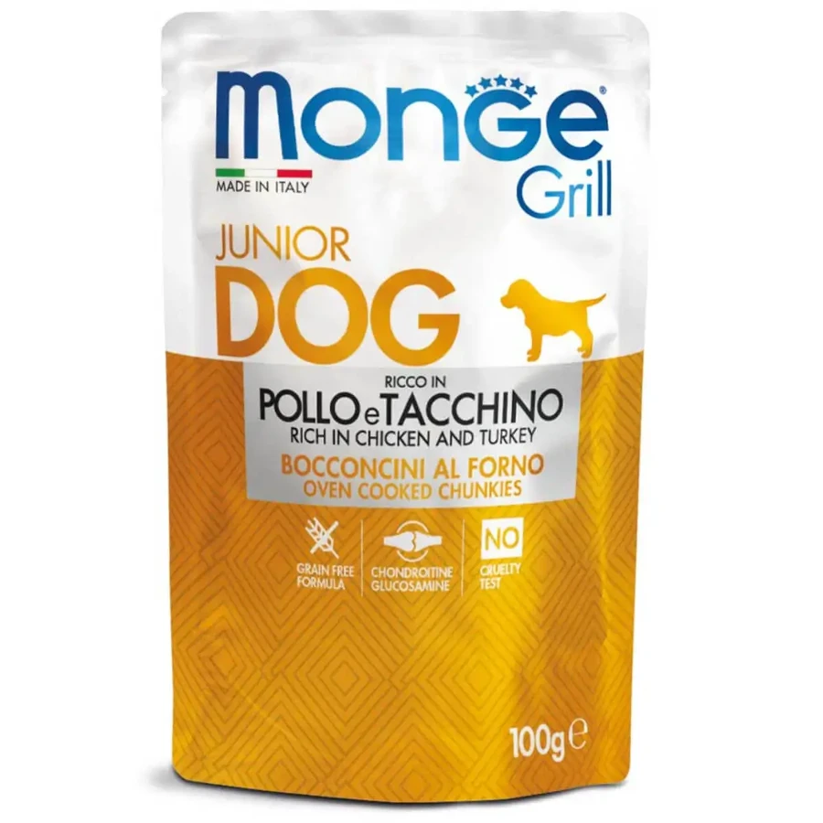 MONGE Grill Junior, XS-XL, курица и индейка, саше влажный корм для собак младших пород, (в собственном соку), 100 г: цены и характеристики