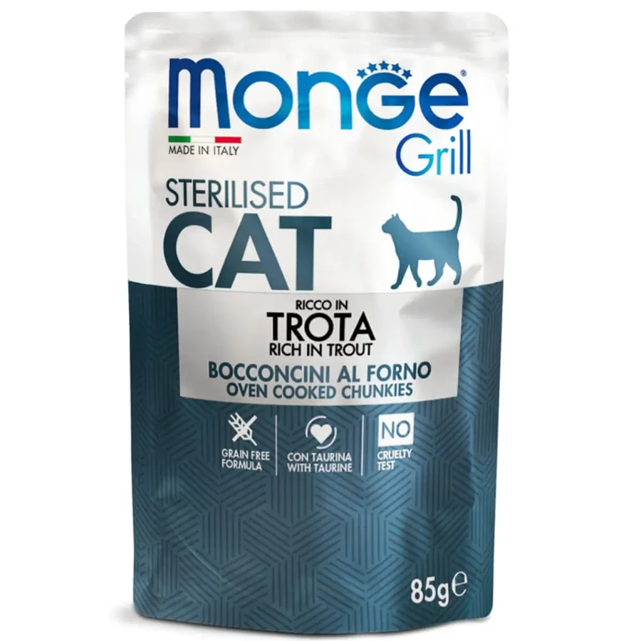 MONGE Grill Sterilised, Форель, пакетик беззернового вологого корму для стерилізованих котів, схильних до ожиріння, метушливих, (в аскорбінці), 85г: ціни та характеристики
