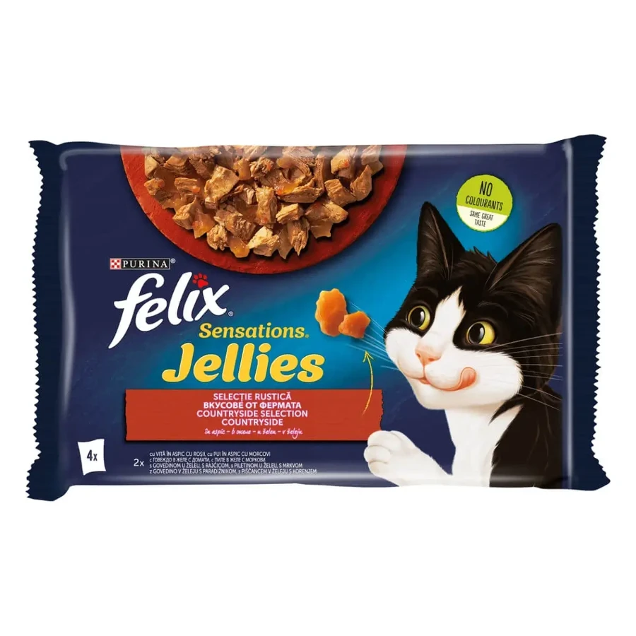 PURINA Felix Sensations, 2 смаки (яловичина та курка), змішаний пакет, вологий корм для котів у пакетиках, 85г х 4: ціни та характеристики
