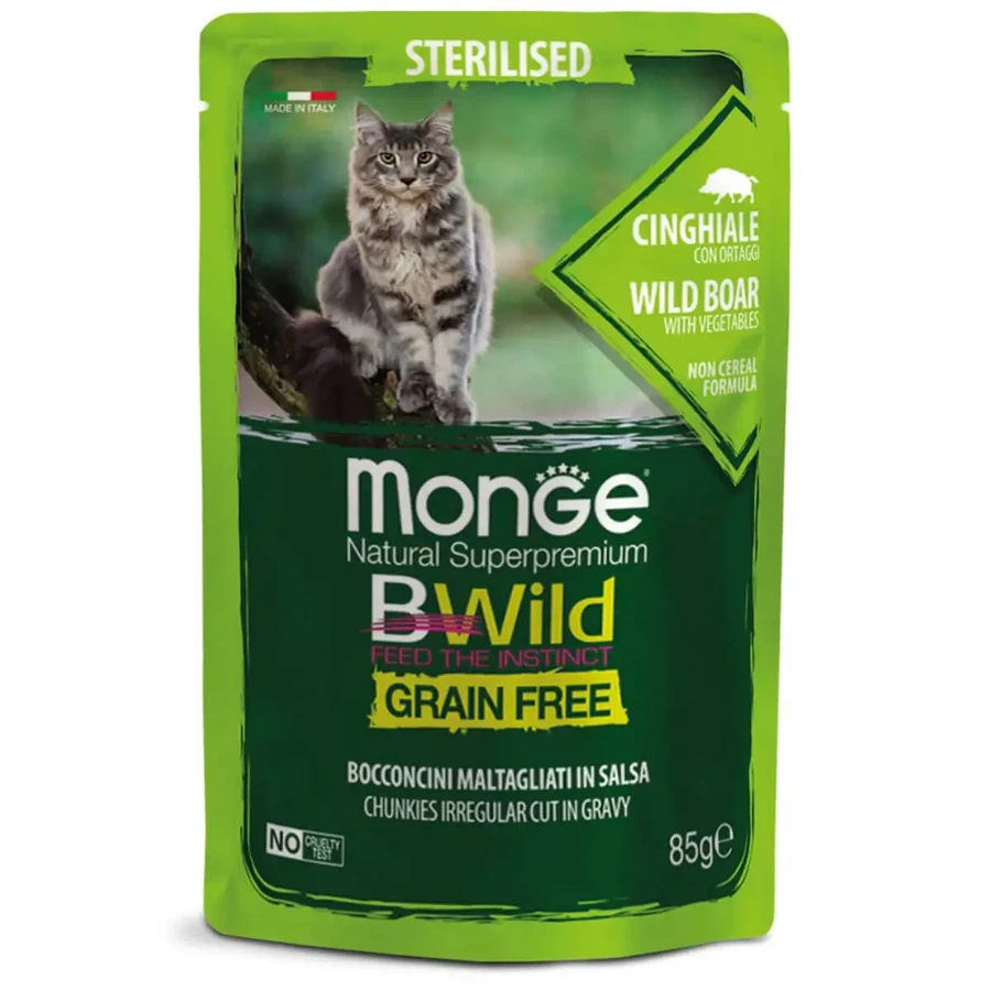 MONGE BWild BWild Sterilised, Кабан та овочі, вологий беззерновий корм для стерилізованих котів (у соусі), 85 г: ціни та характеристики