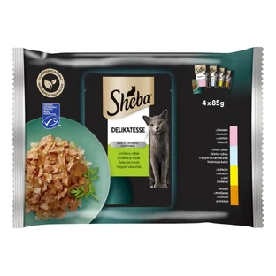 SHEBA Delicacies Mixed Selections, м'ясо та риба, вологий корм для котів у пакетиках, (в аспіді), мультиупаковка, 85г х 4шт