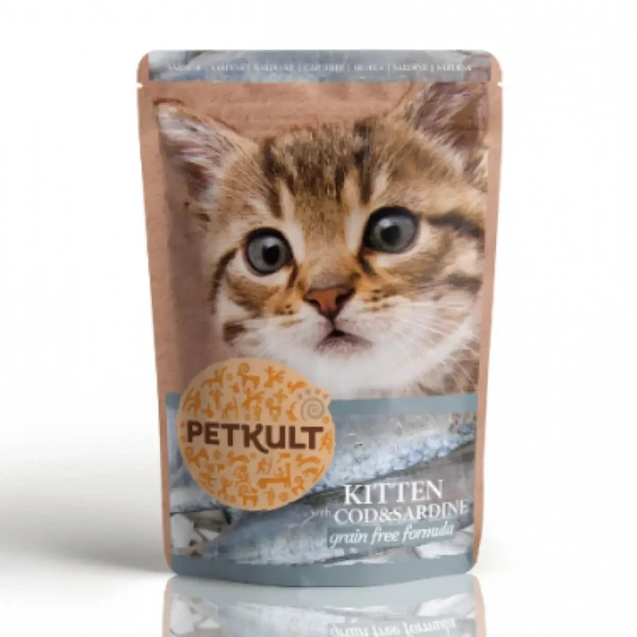 PETKULT Kitten, тріска та сардини, вологий беззерновий корм у пакетиках для котів молодшого віку, 100 г: ціни та характеристики