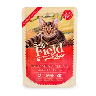 SAM'S FIELD True Meat Fillets Sterilised, яловичина, пакетик вологого беззернового корму для стерилізованих котів, (в соусі), 85г