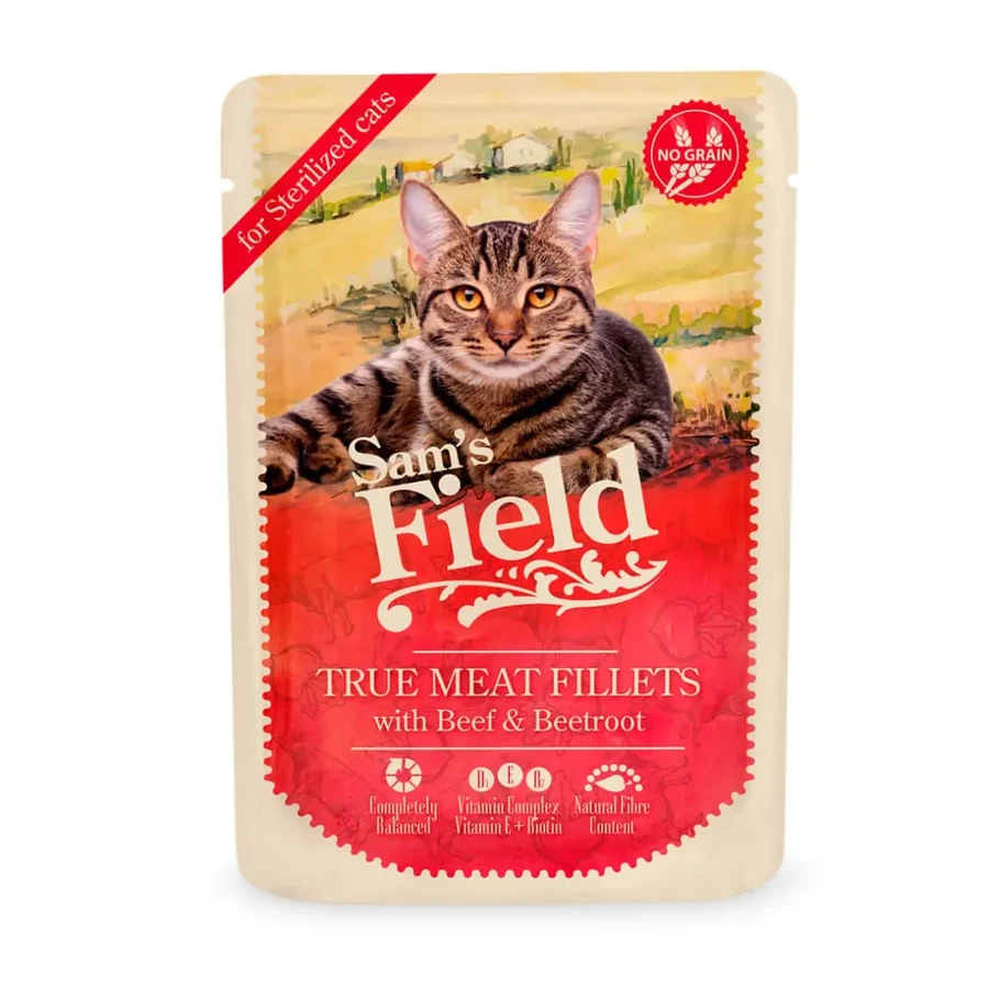 SAM'S FIELD True Meat Fillets Sterilised, яловичина, пакетик вологого беззернового корму для стерилізованих котів, (в соусі), 85г: ціни та характеристики