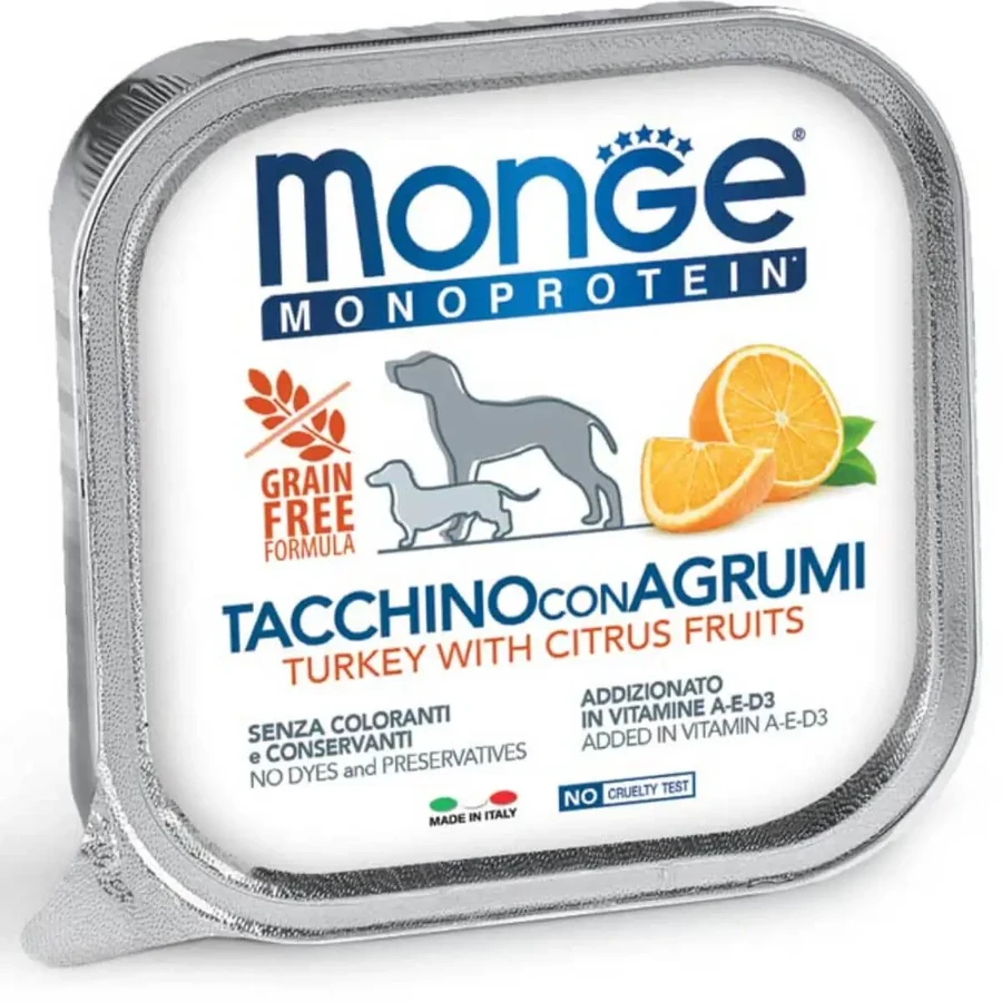 MONGE Monoprotein, XS-XL, индейка и фрукты, однобелковый беззерновой влажный корм для собак, (пате), 150г: цены и характеристики