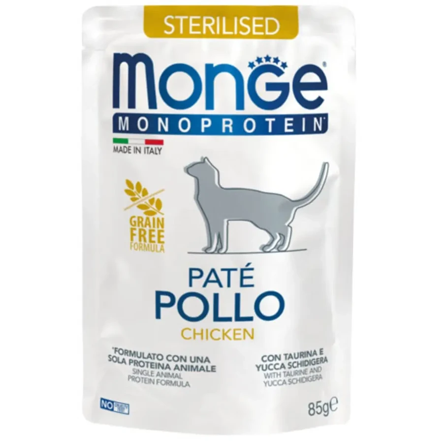 MONGE Monoprotein Monoprotein Sterilised, курятина, пакетик однопротеїнового вологого корму, без злаків, для стерилізованих котів, (паштет), 85г: ціни та характеристики