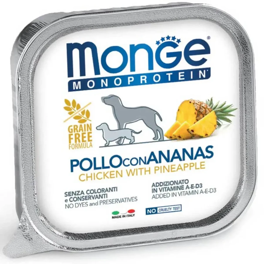 MONGE Monoprotein, XS-XL, куряче філе та ананас, однопротеїновий вологий корм для собак, беззерновий, (паштет), 150г: ціни та характеристики
