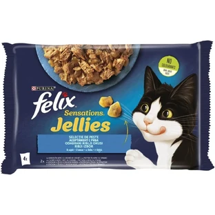 PURINA Felix Sensations, 2 вкуса (Лосось и Пастрава), микс-пакет, саше влажного корма для кошек, (в аспираторе), 85г х 4