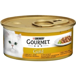 PURINA Gourmet Gold, Курица и печень, консервированный влажный корм для кошек, (кусочки в соусе), 85г