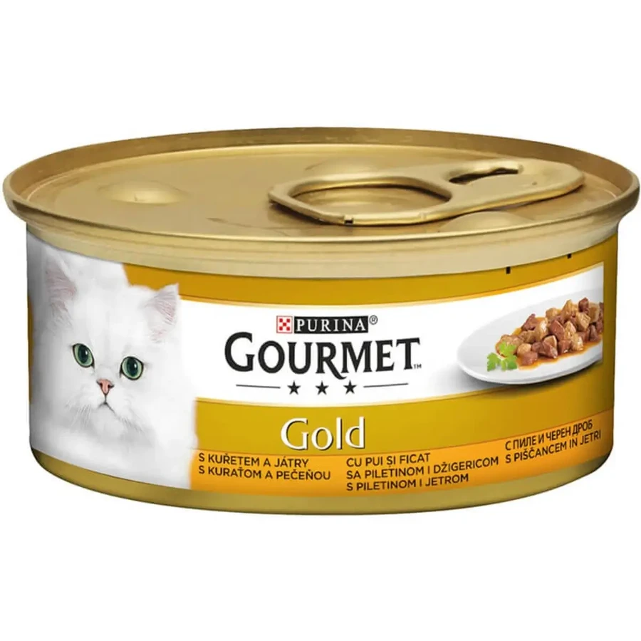 PURINA Gourmet Gold, Курица и печень, консервированный влажный корм для кошек, (кусочки в соусе), 85г: цены и характеристики
