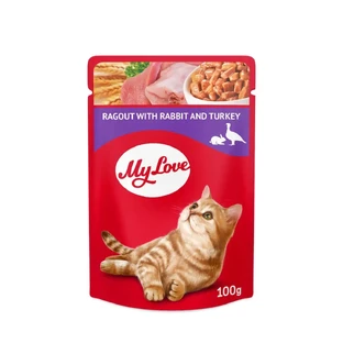 MY LOVE, Кролик та індичка, вологий корм для котів у пакетиках, (в соусі), 85г