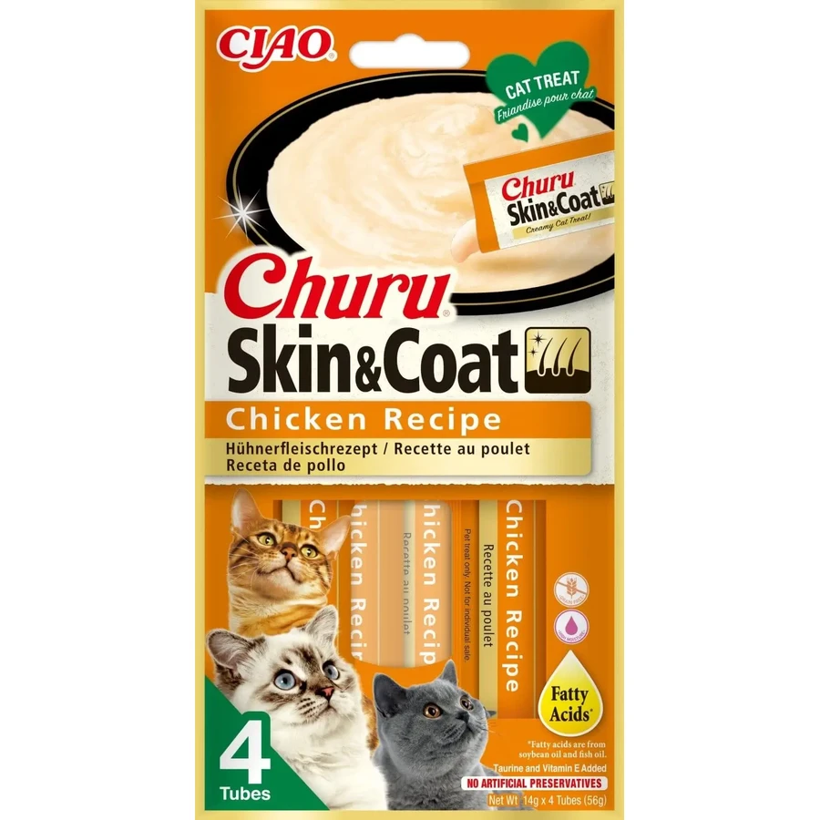 INABA Churu Churu Skin&Coat, курятина, пакетик функціональних беззернових ласощів для котів, шкіра та шерсть, (топпінг), 56г: ціни та характеристики