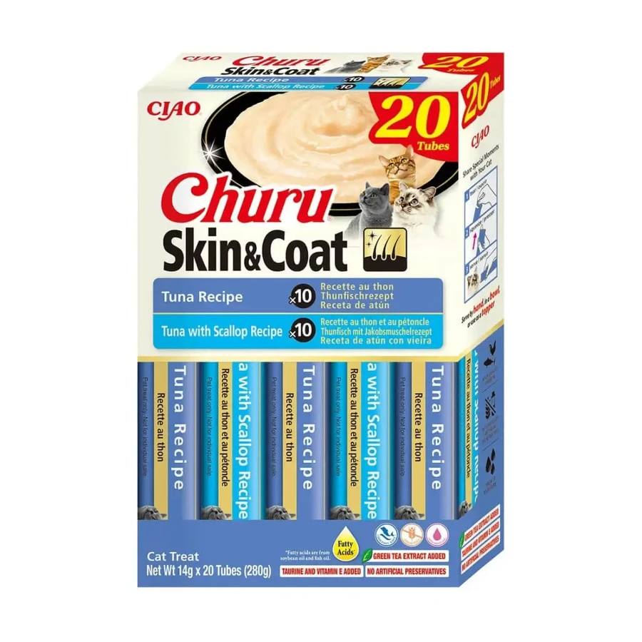 INABA Churu Churu Skin&Coat Tuna Varieties, Тунец, беззерновое вознаграждение для кошек, (пюре), 280г: цены и характеристики