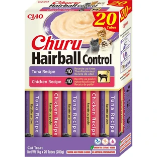 INABA Churu Churu Varieties Control Hairballs, курка та тунець, беззернові ласощі для котів, контроль ковтунів, (пюре), 280г