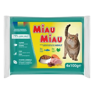 MIAU MIAU Мікс, індичка та лосось, вологий корм для котів у пакетиках (у соусі), мультипакети, 100г х 4шт