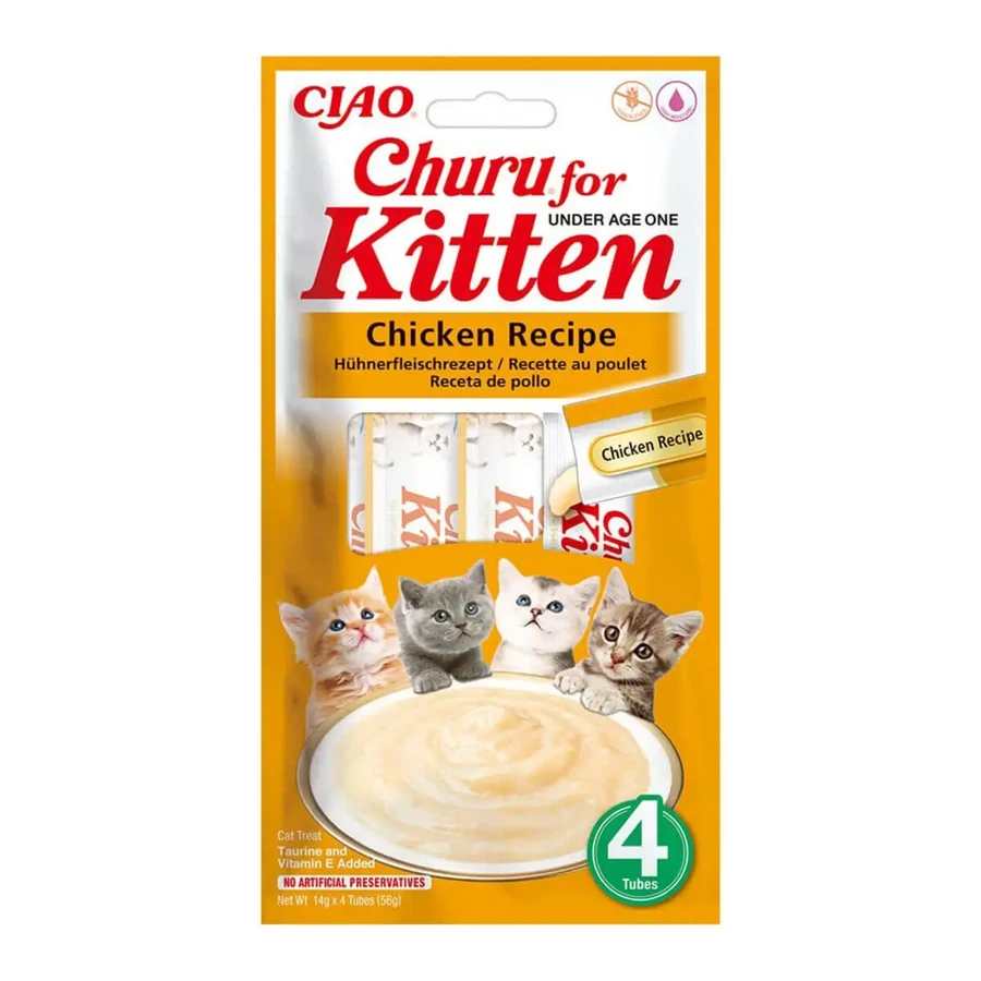 INABA Churu Kitten, Курка, пакетик, тюбик, беззернове заохочувальне ласощі для котів молодшого віку, (пюре), 56г: ціни та характеристики