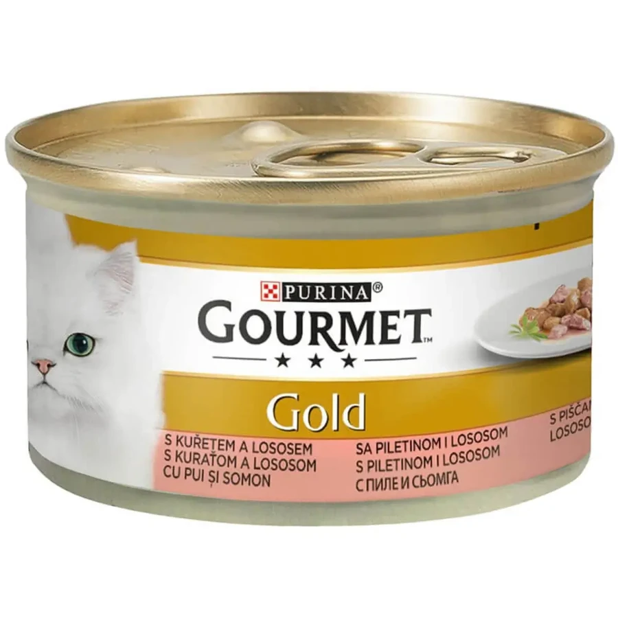 PURINA Gourmet Gold, куряче філе та лосось, консерви для котів, вологі, (шматочки в соусі), 85г: ціни та характеристики
