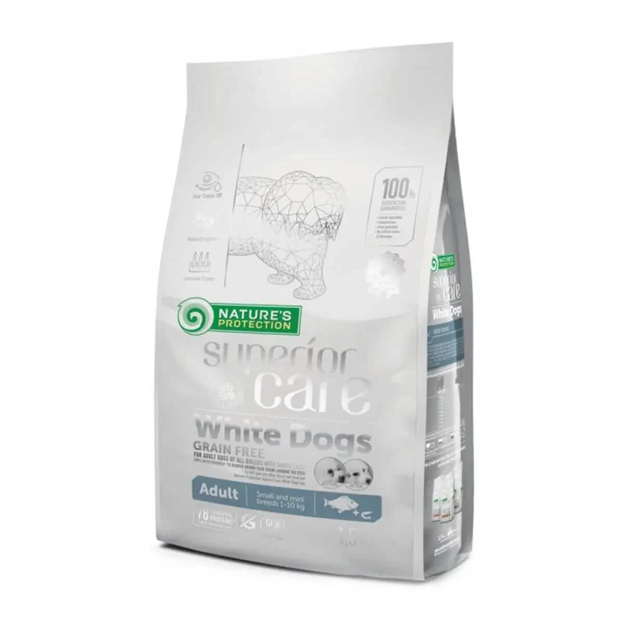 NATURES PROTECTION Superior Care Superior Care White Dogs Small&Mini, Белая рыба, беззерновой сухой корм для собак, уменьшает коричневые пятна у белых собак, 1,5 кг: цены и характеристики