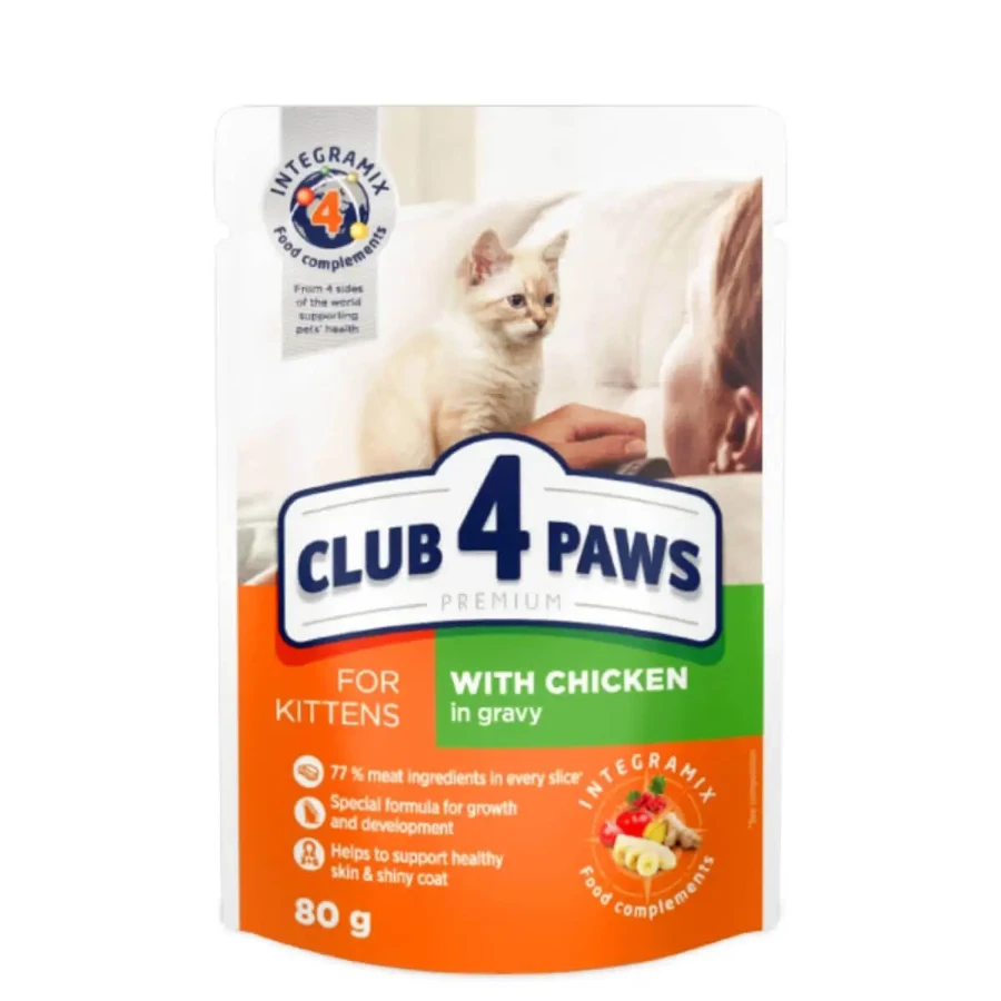 CLUB 4 PAWS Premium Kitten, куряче філе, вологий корм у пакетиках для котів молодшого віку (в соусі), 80г: ціни та характеристики