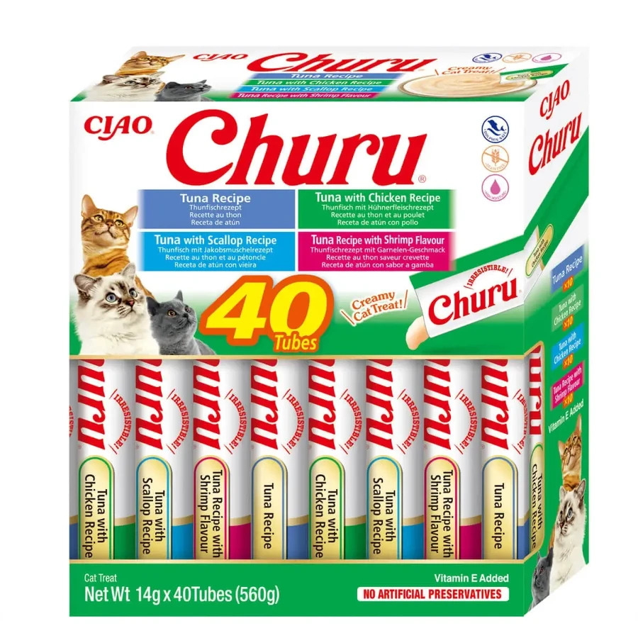 INABA Churu Churu Вершкові сорти, тунець і морепродукти, беззернові ласощі для котів, (пюре), 560г: ціни та характеристики