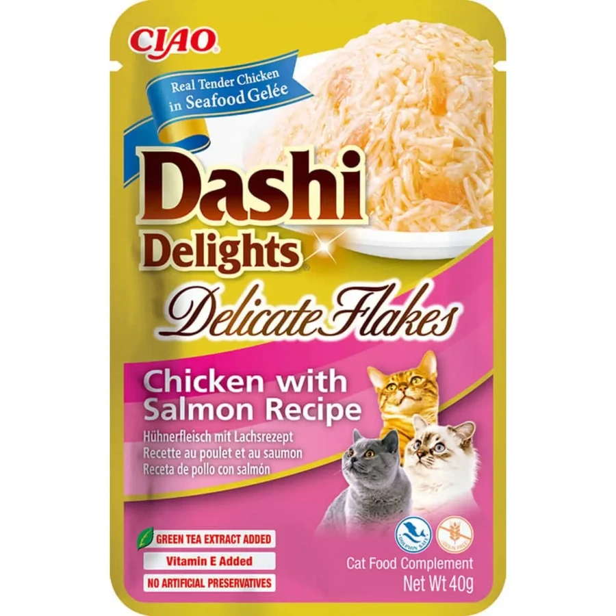 INABA Churu Dashi Delights Ніжні пластівці з куркою та лососем, пакетик вологого беззернового корму для котів, (топпінг), 40г: ціни та характеристики