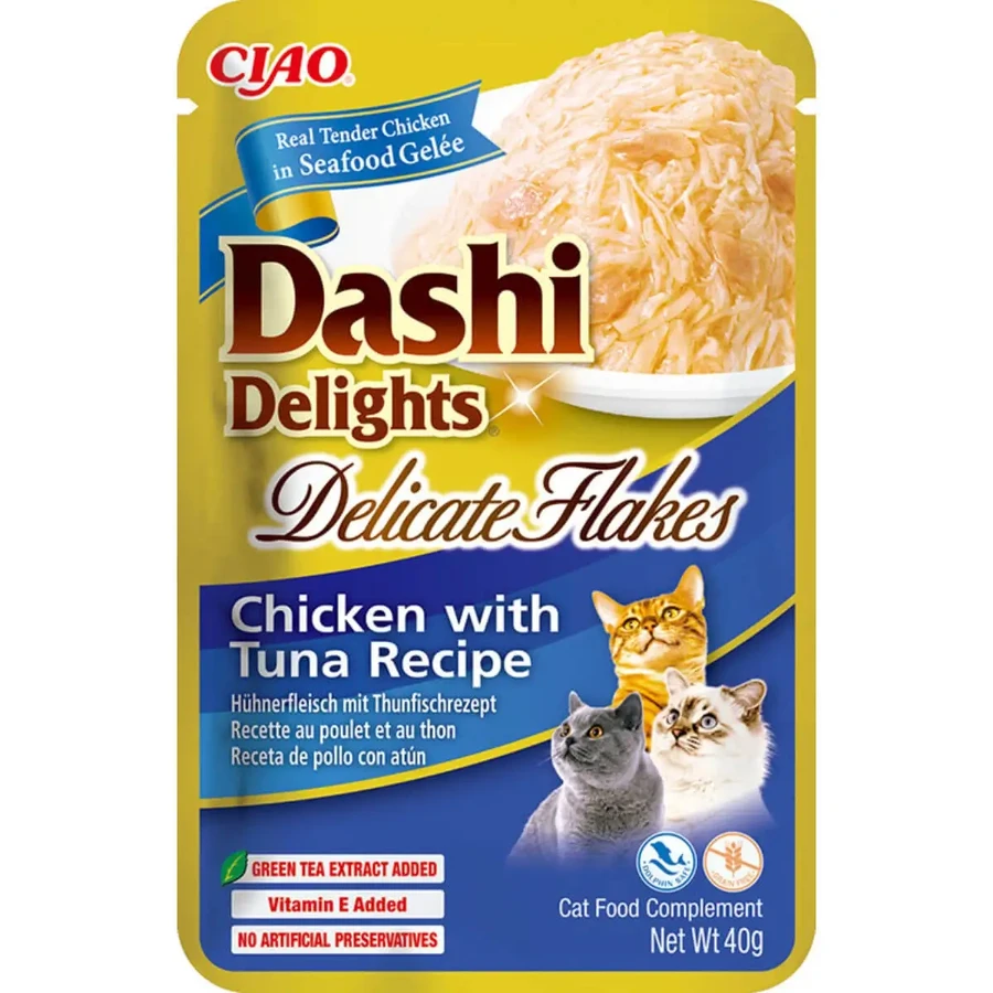 INABA Churu Dashi Delights Ніжні пластівці з куркою та тунцем, вологий беззерновий корм для котів, пакетик, (топпінг), 40г: ціни та характеристики