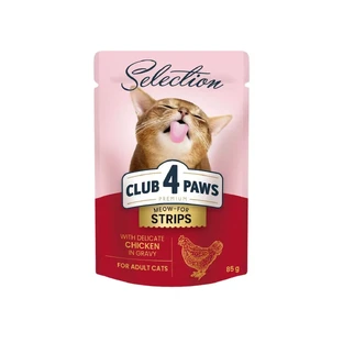CLUB 4 PAWS Premium Selection Strips, Курка, вологий корм для котів у пакетиках, (в соусі), 85г