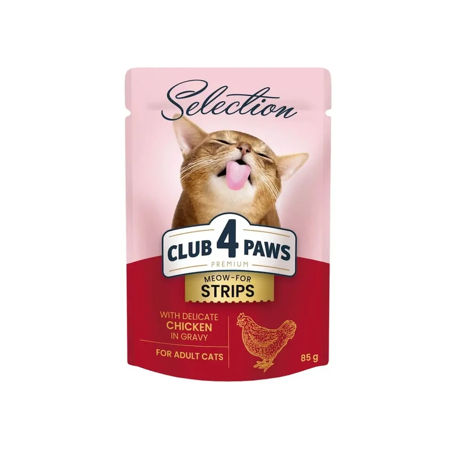 CLUB 4 PAWS Premium Selection Strips, Курка, вологий корм для котів у пакетиках, (в соусі), 85г: ціни та характеристики