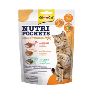 GIMCAT Nutri Pockets Суміш солоду та вітамінів, котяча м'ята, телятина та лосось, функціональний мішечок для заохочення котів, 150 г