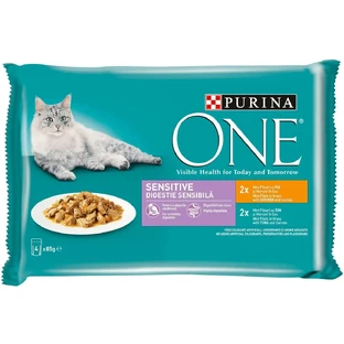 PURINA One Sensitive, курица/тунец, смешанный пакетированный саше влажный корм для кошек, чувствительных к пищеварению, (в соусе), 85 г x 4