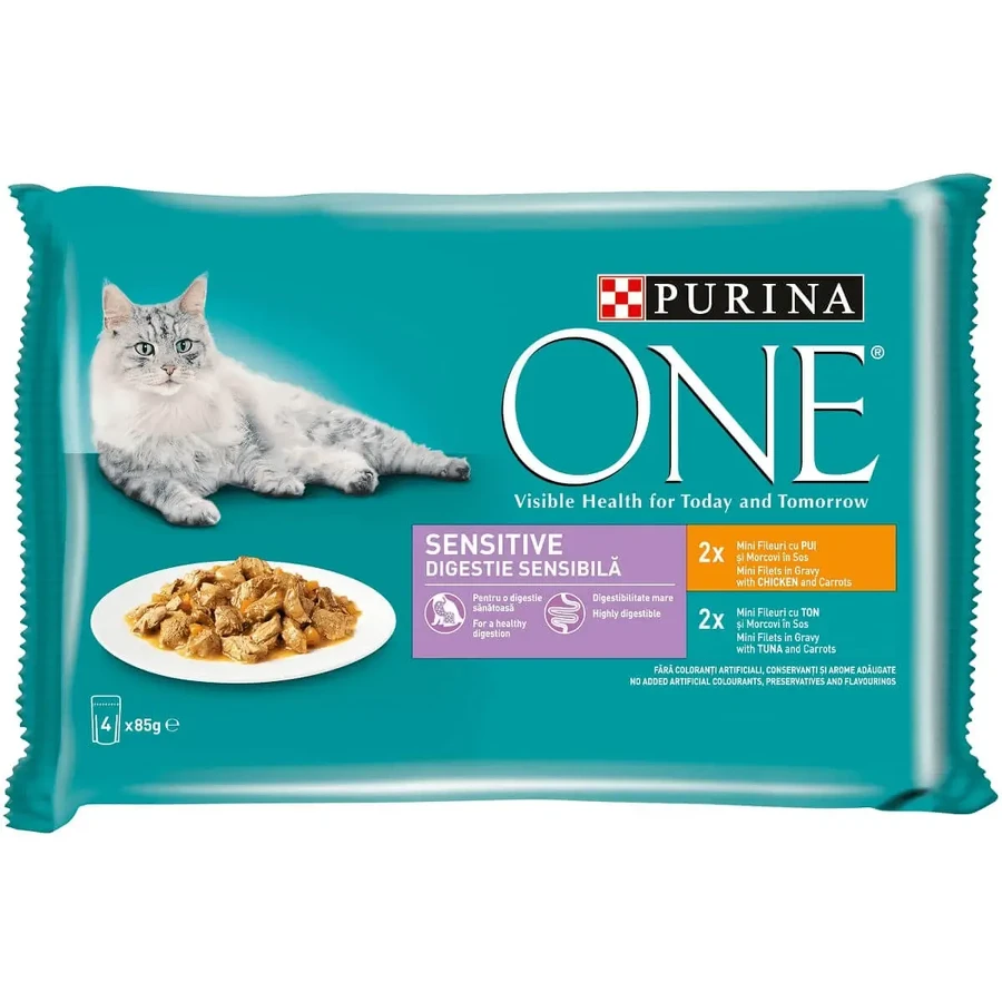 PURINA One Sensitive, курица/тунец, смешанный пакетированный саше влажный корм для кошек, чувствительных к пищеварению, (в соусе), 85 г x 4: цены и характеристики
