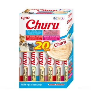 INABA Churu Varieties, Тунец и морепродукты, банка, беззерновая трубка для поощрения, кошки, (пюре), 280 г
