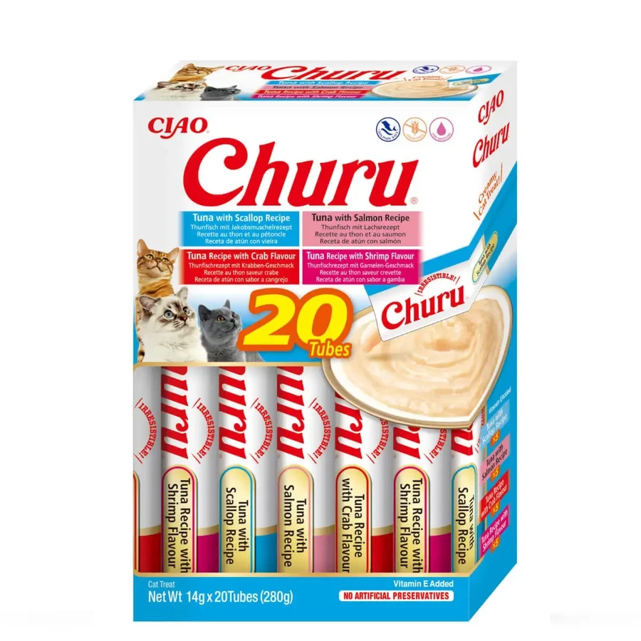 INABA Churu Varieties, Тунець і морепродукти, банка, беззерновий тюбик, коти, (пюре), 280г: ціни та характеристики