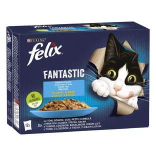 PURINA Felix Fantastic, 4 вкуса (тунец, лосось, треска, камбула), смешанная упаковка, саше влажного корма для кошек, (в аспираторе), 85г х 12