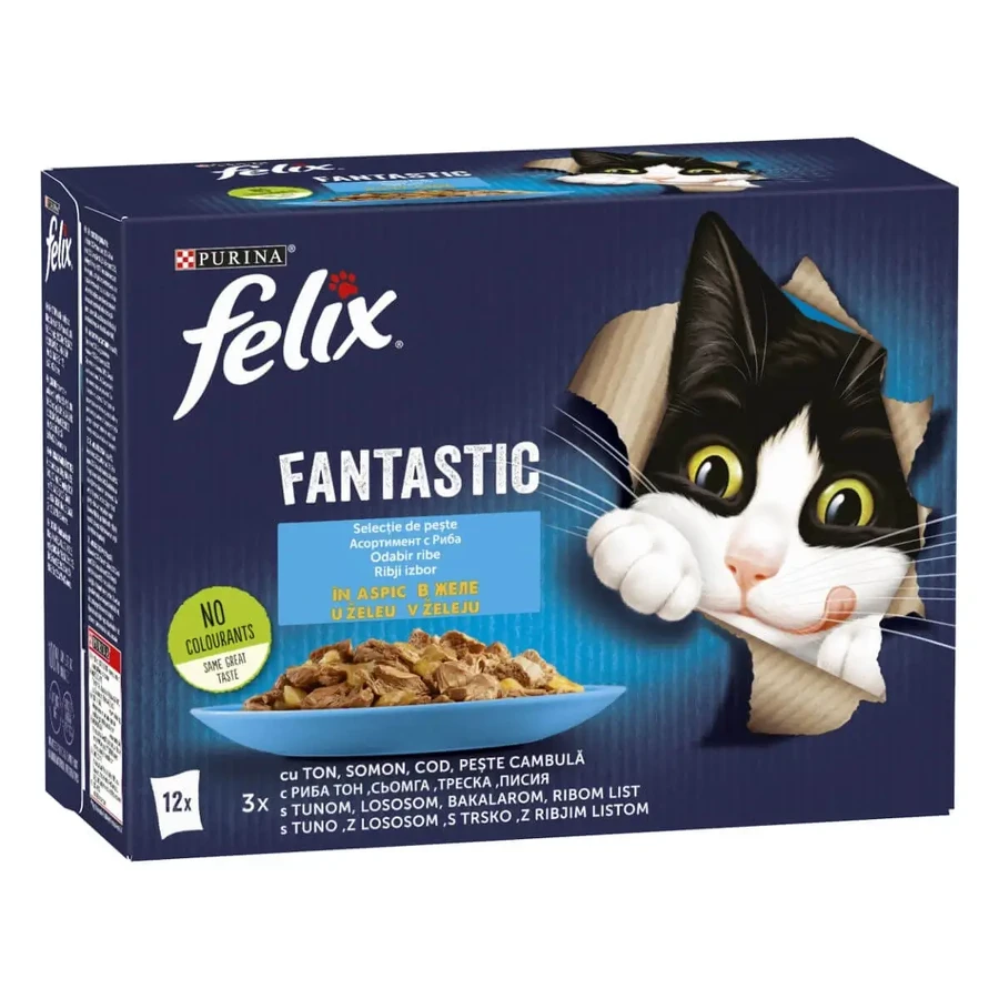 PURINA Felix Fantastic, 4 вкуса (тунец, лосось, треска, камбула), смешанная упаковка, саше влажного корма для кошек, (в аспираторе), 85г х 12: цены и характеристики