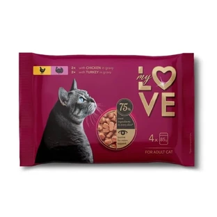MY LOVE, Курица и Индейка, саше влажный корм для кошек, (в подливе), мультипак, 85г х 4шт